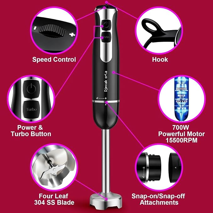 Upgraded 700W Immersion Hand Blender, Black | 20 Variable Speeds, Up to 15,500 RPM Stick Mixer for Smoothies,Soup, Puree & Baby Food