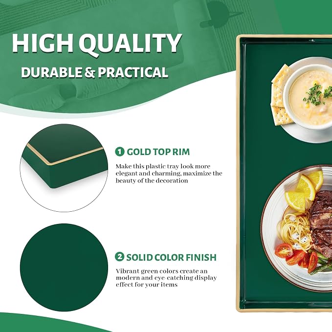 Dark Green Decorative Tray for Ottoman, Serving Tray with Handles | Plastic Coffee Table Tray, Modern Melamine Tray, Rectangle Countertop Organizer Tray for Living Room, 15.8"L x 10.2"W x 1.4"H