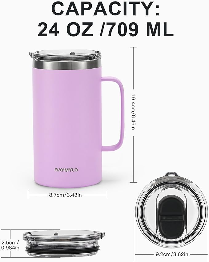 Insulated Travel Large Coffee Mug with Handle, Coffee Tumbler Cup 24oz | Detachable Lid for Thoroughly Clean, Thermal Cup with Double-Wall Stainless Steel Vacuum Insulation, Spill Proof & BPA Free