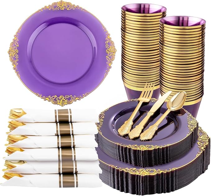 Nervure 175Pcs Purple Plastic Plates, Plastic Dinnerware Set for 25 Guests | 25 7.5" Dessert & 25 10.25" Dinner Plastic Plate, 75 Silverware, 25 Cups, 25 Napkin for Wedding & Party, BPA-free, Heavy-duty