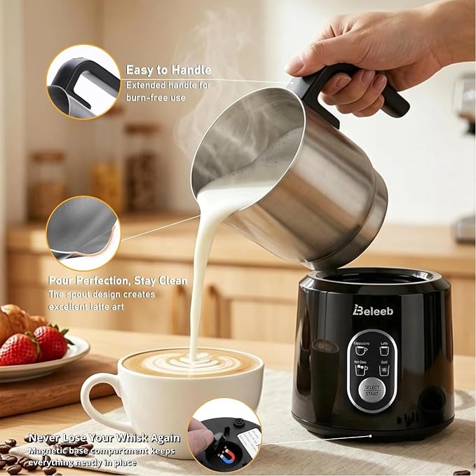 Detachable Milk Frother and Steamer: Hands-Free Froth & Clean 11.8oz | Dishwasher Safe Stainless Steel Jug - 4-in-1 Electric Automatic Hot/Cold Foamer & Hot Chocolate Maker for Latte Cappuccino
