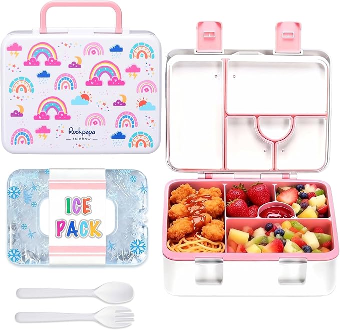 rockpapa Chill Bento Box for Kids- Large 5.5 Cups Lunch Box with Ice Pack - 5 Compartments, BPA-Free, Leak Proof, with Utensils & Portable Handle, Microwave/Dishwasher Safe (White Rainbow)
