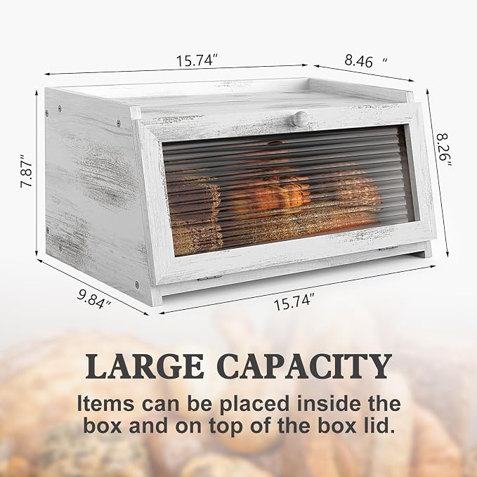 LOHASOK Bread Box for Kitchen Countertop | Wooden,Large, Farmhouse Bread Container Holder Storage, Acrylic translucent window