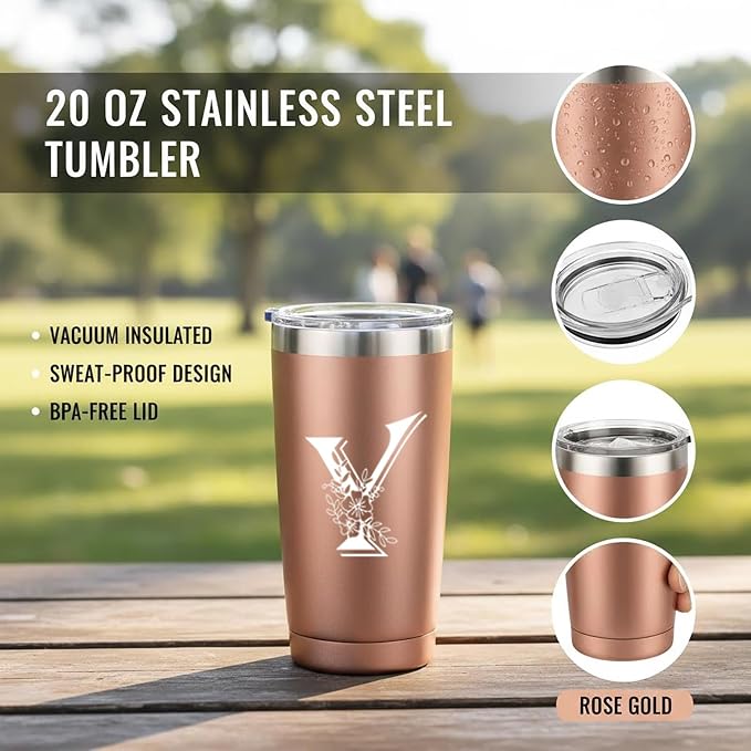 Letter Y Insulated Travel Cup with Lid, Personalized Initial Mugs for Women, Letter Y Gift Coffee Mugs for Women, Wife, Mom, Grandma, Bridal Shower Gifts, 20 OZ Rose Gold Two Lids