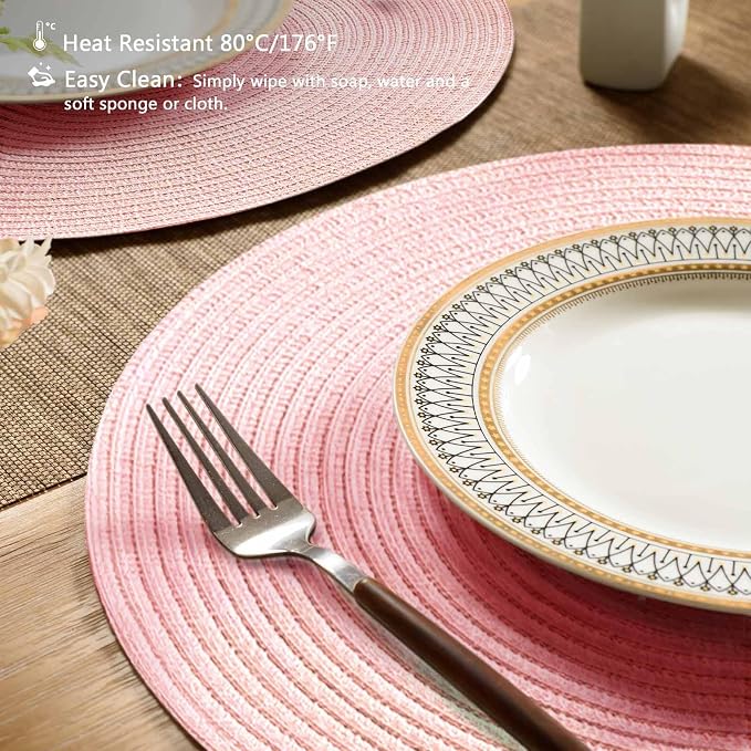 FunWheat Round Braided Placemats Set of 4 Place mats for Dining Tables Woven Heat Resistant Table Mats 15 inch (Pink,4pcs)