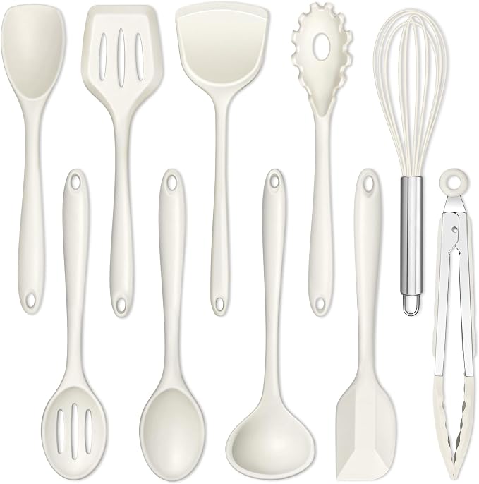 E-far 10 Pieces Silicone Cooking Utensils Set, Heat Resistant, White | Kitchen Utensil Set for Nonstick Cookware, Cooking Tools with Spatula, Spoon, Slotted Turner, Non-Toxic & Dishwasher Safe