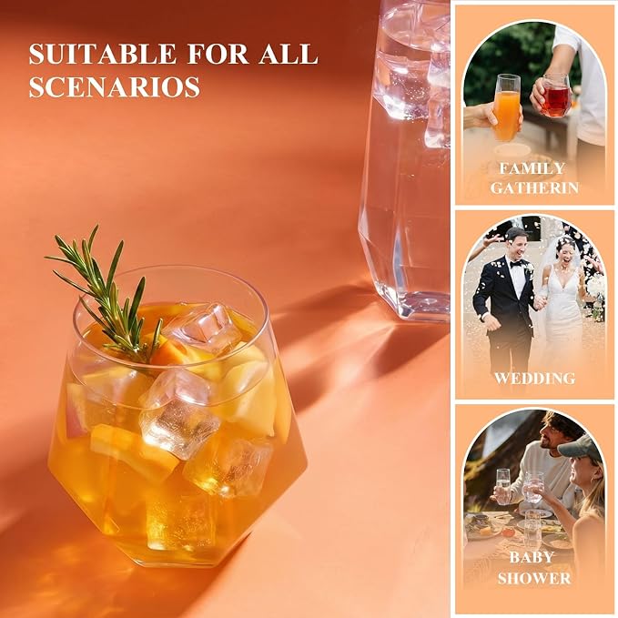 BESTSTAR 24 Pack Clear Plastic Wine Glasses Set,BPA-Free Shatterproof | 12 9 OZ Stemless Champagne Flutes & 12 12OZ Diamond Wine Whiskey Glasses,Clear Drinkware for Weddings, Parties & Events