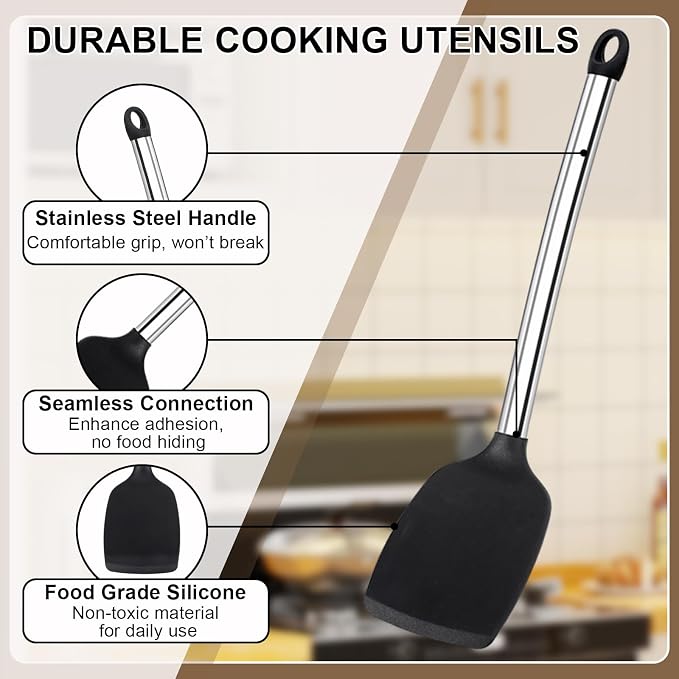 Vayvnt 4 Pieces Silicone Kitchen Utensils Set for Nonstick Cookware, Black | Spatula and Spoon Set, Heat Resistance, Non Toxic, Silicone Utensils for Cooking, Stainless Steel Handle, Dishwasher Safe