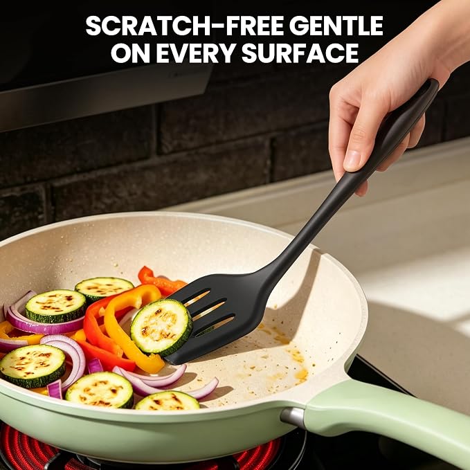 8 PCS Silicone Kitchen Utensils Set, Non Stick Cooking Tools, Black | Spatulas/Turner/Spoons/Soup Ladle/Pasta Server/Skimmer | Heat Resistant | Dishwasher Safe