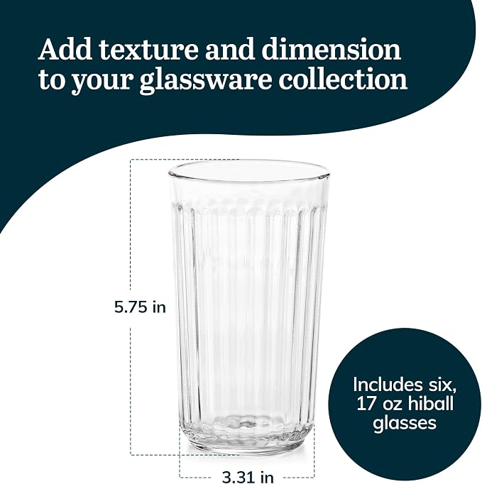 Libbey Paneled Highball Glasses Set of 6, 17 Oz Fine Ribbed Line Whiskey Glasses Set, Dishwasher Safe Highball Champagne Glasses for Juice, Iced Tea