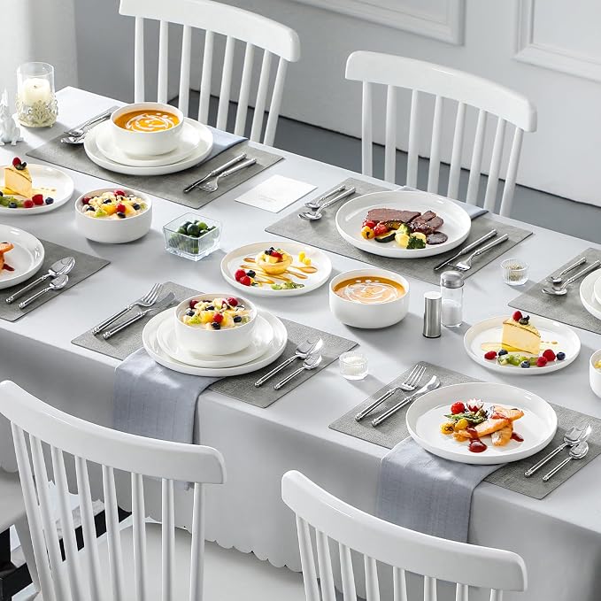 MALACASA 18 Pcs Porcelain Plates and Bowls Sets,Dinnerware Set for 6,White | Modern Ceramic Dishware,Kitchen Dining Ware,Microwave and Dishwasher Safe,Simple Solid White Design,Series LUNA