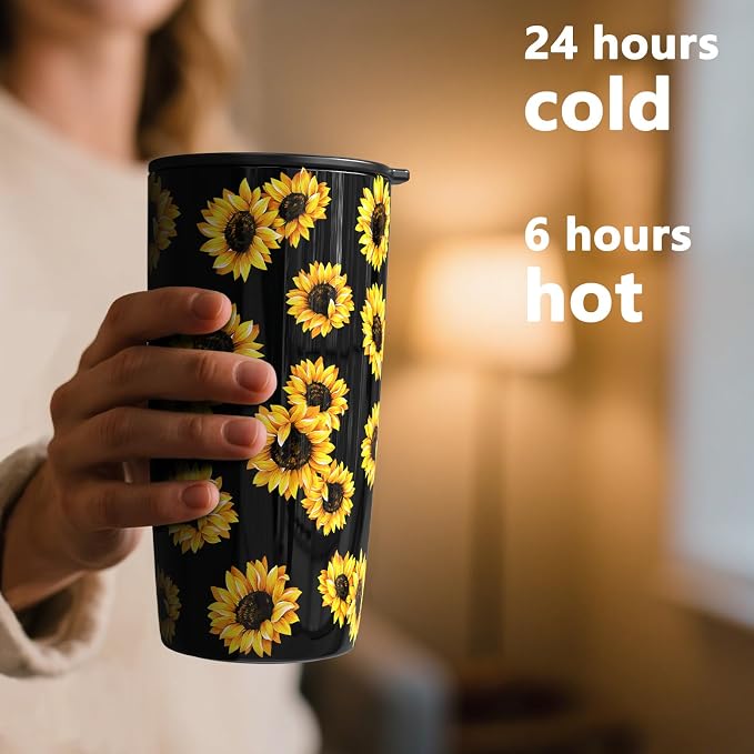 TILUCK 20 oz Insulated Coffee Tumbler with BPA-Free Lid | Travel Coffee Mug, Dishwasher Safe, Cup Holder Friendly, Double-Wall Vacuum Insulation for Hot & Cold Drinks, SunFlower