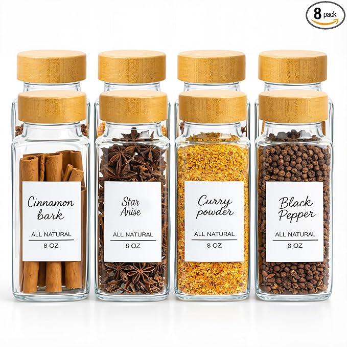8Oz 8Pcs Glass Spice Jars with Label, Seasoning Containers, Spice Containers with Bamboo Lids & Pen, Empty Spice Bottles for Salt, Herbs, Sugar, Pepper (Natural Wood Color)