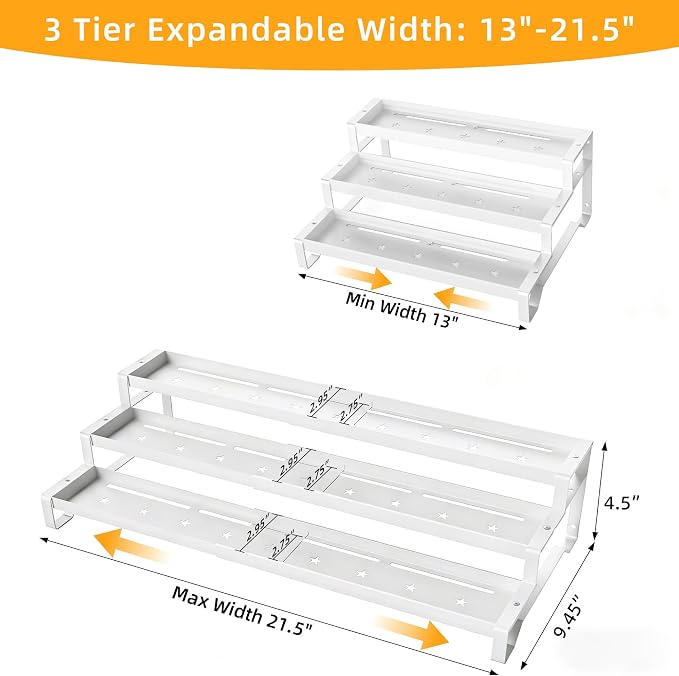 2 Pack Spice Rack Organizer for Cabinet, 13-21.5" Expandable Spicy Shelf | 9.45" Depth 3-Tier White Metal Seasoning Organizer, Kitchen Spice Organization, Slip-Resistant Guardrails for Jars and Cans