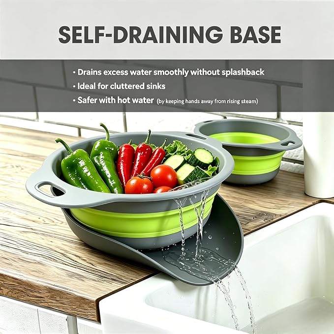 AUOON Collapsible Colander Set (3QT + 4QT) with Draining Base, Gray+Green | Fast Draining, Heat-Resistant, Dishwasher Safe, Space-Saving, Food-grade TPE & PP for Pasta Noodles Vegetables and Fruits