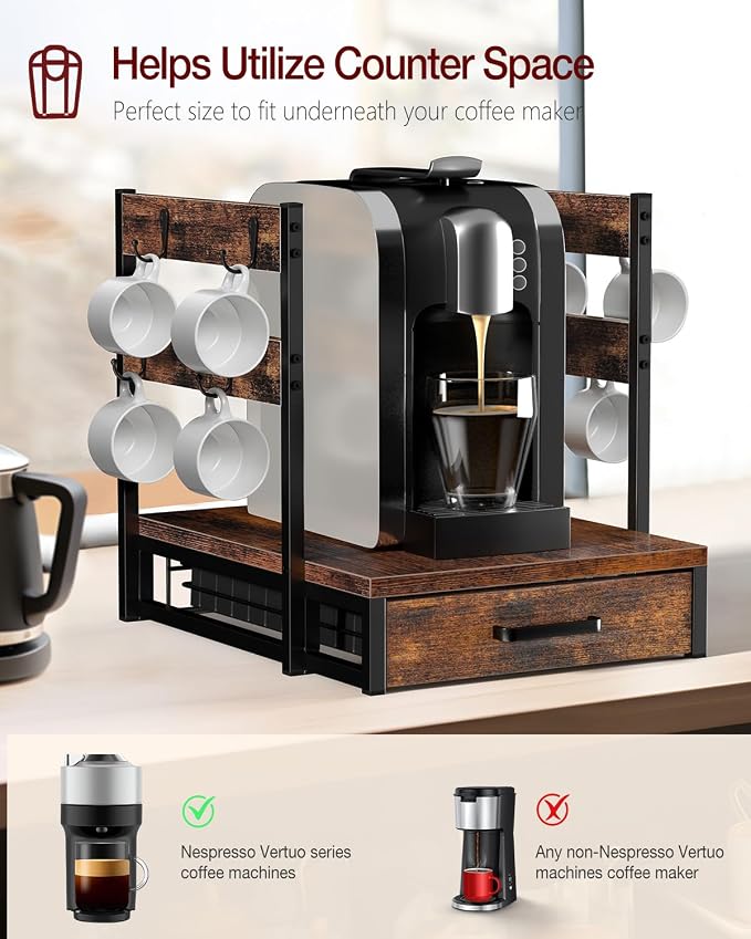 Evermagin Coffee Pod Holder Compatible with Nespresso,Fit 28 Large/56 Small | Coffee Pod Organizer Drawer Station with Cup Rack, Vertuo Pod Holder for Home and Office,Rustic Brown