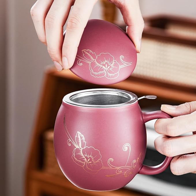 Yundu 12 OZ Ceramic Mug with Lid & Tea Strainer - Matte Purple Tea Cup with Golden Flower, Stainless Steel Infuser for Loose Leaf Tea