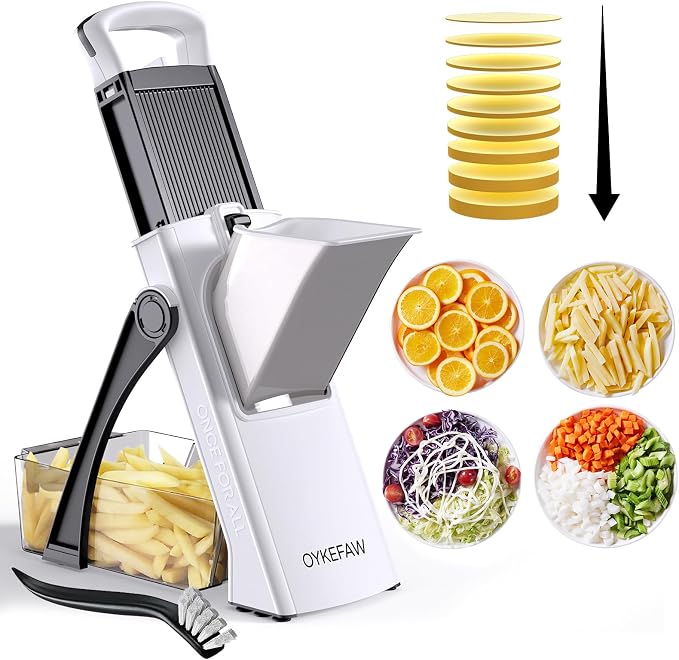 Safe Mandoline Slicer for Kitchen, 6 in 1 Vegetable Chopper, Potato Slicer | Safe Mandoline Slicer, French Fry Cutter, Potato Slicer, Food Chopper, Adjustable Thickness 0.1-8 mm with Brush