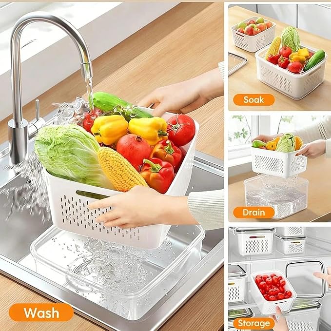 Yuonry 4 in 1 Food Storage Container, Fruit Storage Containers for Fridge, Produce Containers with Lid and Strainer, Including Drain Basket, Multipurpose Large Fruit Container for Fridge(Grey)
