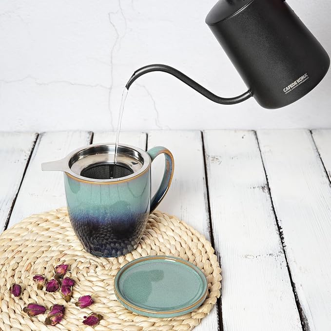 Bosmarlin Ceramic Tea Cup with Infuser and Lid, 16 Oz, Loose Leaf Tea Steeper Mug with Strainer, Microwave and Dishwasher Safe, Reactive Glaze (16 Oz, Pale Green)