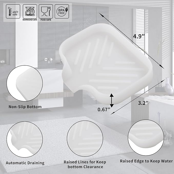 MicoYang Silicone Soap Dish with Drain Spout, Self-Draining Sink Organizer Tray for Bathroom & Kitchen, Sponges, Dispensers & Soap Holder, Non-Slip & Dishwasher Safe, Translucent (Compact, 4.9"×3.2")