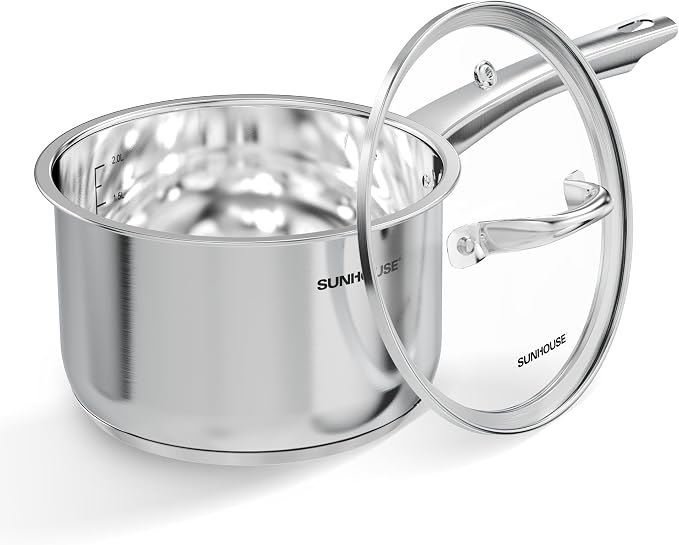 SUNHOUSE 3 QT Stainless Steel Sauce Pan with Lid, Small Pot for Cooking | PFOA-Free Uncoated Milk Pan & Butter Warmer, Mini Saucepan with Impact Bonding Base for Induction, Gas, Electric