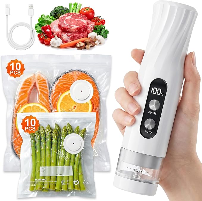 RIWUSI Food Vacuum Sealer Machine, 60kPa Powerful Handheld Vacuum Sealer | Visible Water Tank, One-Touch Auto Seal & Pulse Mode for Delicate Foods, Includes 20 Reusable Bags for 6X Preservation