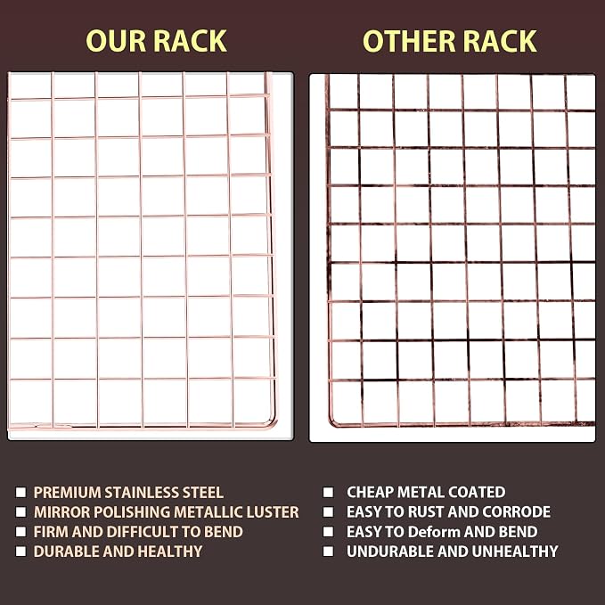 2PCS Cooling Rack for Cooking Baking, 16" x 10" Wire Rack, Rose Gold | Thick Wire Rack, Oven & Dishwasher Safe, for Roasting, Grilling, Drying, Fits Half Sheet Pan
