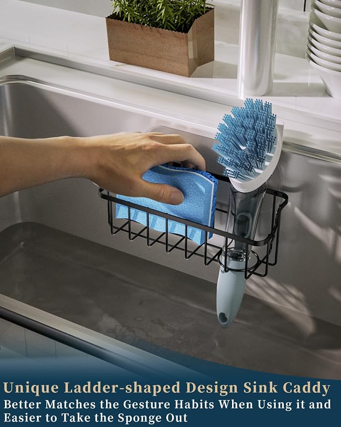 Consumest Sponge Holder Sink Caddy - Ladder Shaped Sponge Holder for Kitchen Sink with 2 Installation Ways (Suction Cups & Adhesive Hook), Rustproof Stainless Steel Kitchen Organizer, Black