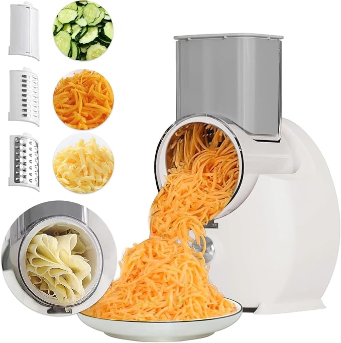 Electric Cheese Grater for Block Cheese,Electric Grater for Home Kitchen Use,3 Changeable Blades Salad Shooter Electric Slicer/Shredder for Vegetable Fruit Nuts White