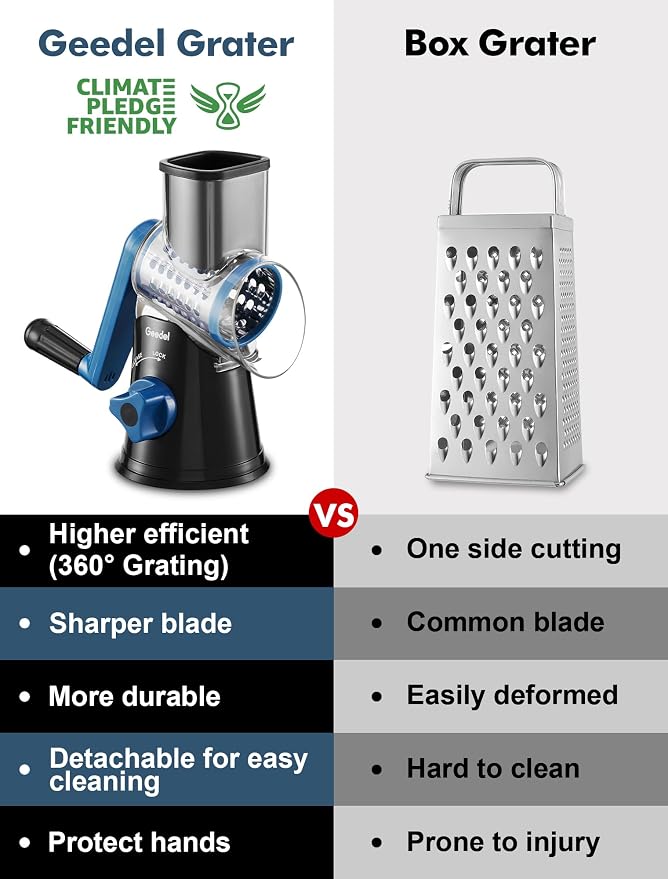 Geedel Rotary Cheese Grater, Kitchen Mandoline Vegetable Slicer with 3 Interchangeable Blades, Easy to Clean Rotary Grater Slicer for Fruit, Vegetables, Nuts | 3 Blades, 430 Stainless Steel, 12x Fast Cutting, Strong Suction Base, No BPA, Dishwasher Saf...