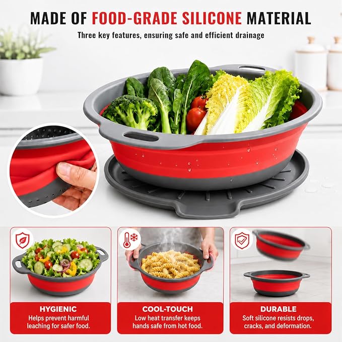 2 Collapsible Colanders with Self-Draining Tray (Red) | 11.6 & 13.4 in baskets; 12.8 in grooved tray; folds to 2.1 in; for pasta, rice, fruit and vegetables