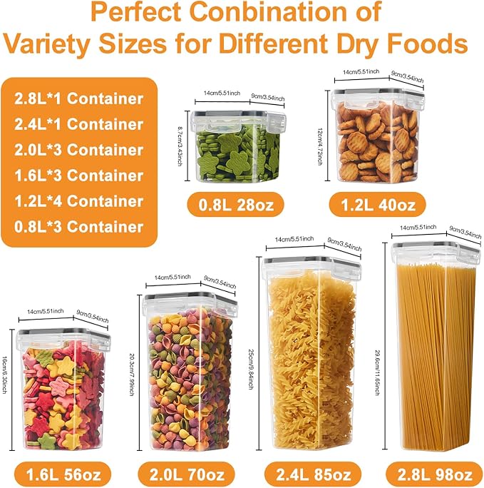 15 PCS Airtight Food Storage Containers with Lids, Plastic Kitchen and Organization Canisters for Cereal, Dry Food, Flour and Sugar, BPA-Free, PVC-Free, Includes Labels & Marker