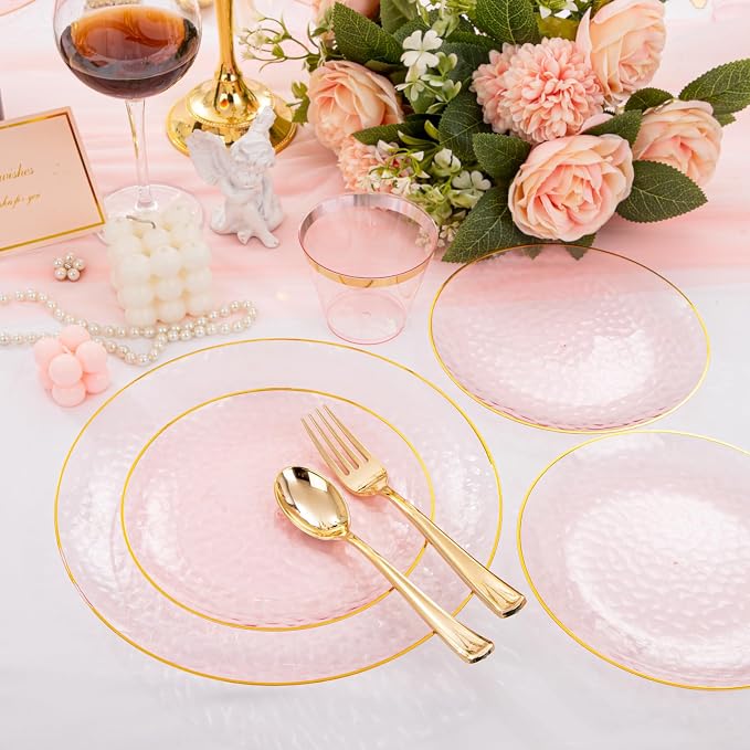 Rubtlamp 175 Pcs Pink Plastic Plates Dinnerware Set (25 Guests), Pink Disposable Plates With Gold Rim, Hammered Party Platos Set Include Dinner Plates, Dessert Plates, Cups, Cutlery for Party