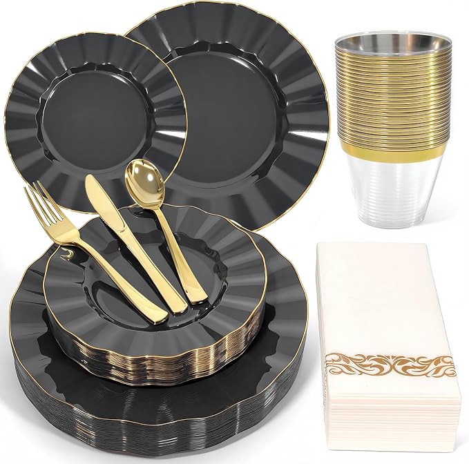 Glowserve 175 Piece Disposable Plastic Plates Dinnerware Set for 25 Guests | 50 Plastic Plates,25 Silverware Set,25 Cups and Napkins,Wedding Birthday,Family Party,Fancy Plastic Plates