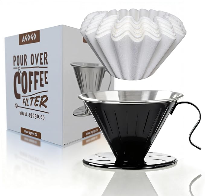 AGOGO Stainless Steel V60 Coffee Dripper & 50 Paper Filters, Black | Unbreakable carafe for kitchen RV camp and office, includes barista towel, lead-free food grade 304 stainless steel