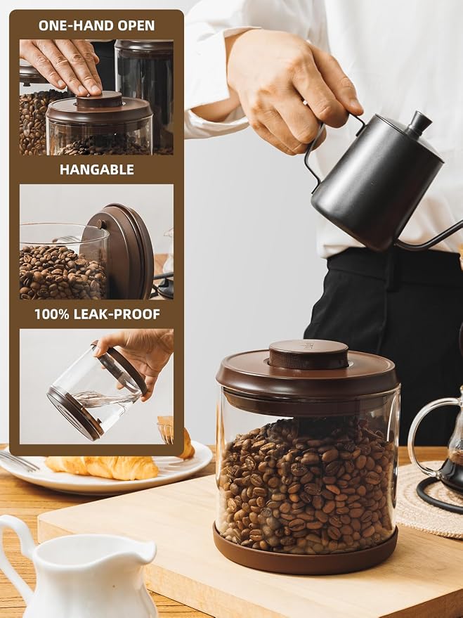 Coffee Canister, 21 oz Borosilicate Glass Airtight Coffee Containers for Ground Coffee with CO2-Release Valve - Large, 1.31lb