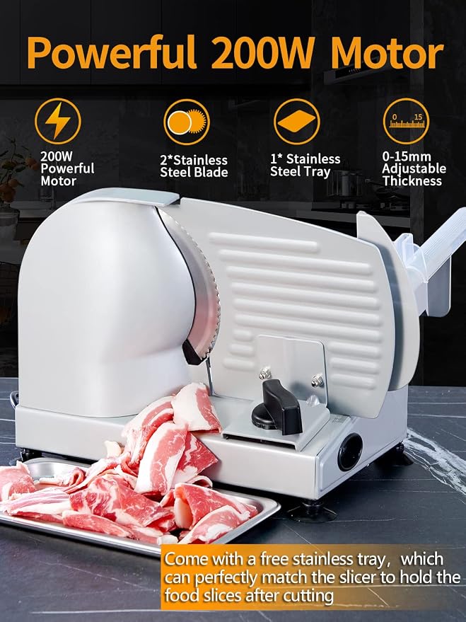 Meat Slicer, 200W Electric Food Slicer with 2 Removable 7.5" Blades | 200W Motor, 2 Removable 7.5" Stainless Steel Blades, Stainless Steel Tray, Child Lock, 0-15 mm Adjustable Thickness