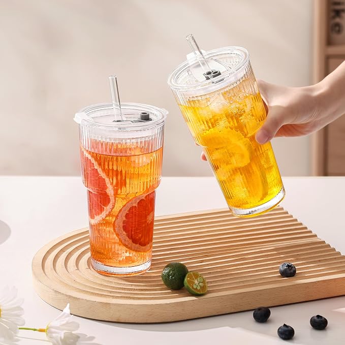 20oz Iced Coffee Cups with Lids, Ribbed Glass Cups with Lids and Straws | Thick Reusable Glass, Leak-Resistant Lids, Fits Most Car Cup Holders, For Iced Coffee, Tea, Smoothies and Cold Drinks