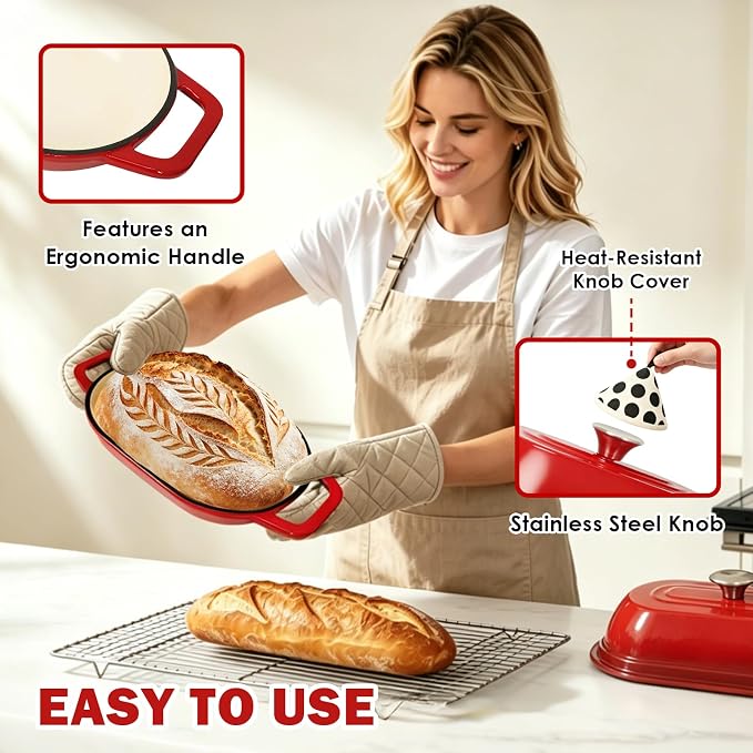 Wdmiya Dutch Oven for Sourdough Bread Baking, Shallow Base & Dome Lid 5 QT | Enameled Cast Iron Bread Baker for Batards & Boules, Easy-Clean Enamel, 500°F Oven Safe, Red, 11.5" x 7.8"