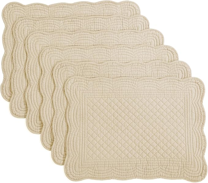 HOMBYS Quilted Placemats Set of 6 Washable-13x18 inches Rectangular Placemats for Kitchen Table-100% Cotton Fabric Rectangular Table Mats, (Light Brown)