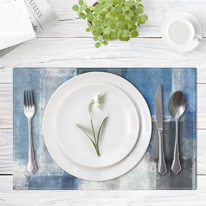 Emvency Farmhouse Placemats Set of 4, 12x18 Inch, Blue and Gray | Abstract Art Painting Table Mats for Outdoor Home Party Kitchen Dining Decoration