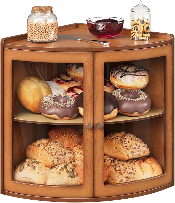 Trironsun Fan Shape Corner Bread Box for Kitchen Counter Double Layer Large Bread Storage Container with Acrylic Doors Farmhouse Wooden Bread Box Organizer for Homemade Bread (Brown)
