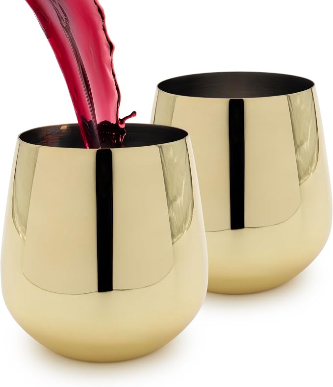 K&K Home Gold Stainless Steel Unbreakable Gold Stemless Wine Glasses - 15 oz - Set of 4 Colored, Stemless Metal Wine Glasses Perfect for Outdoors, Weddings, and Parties