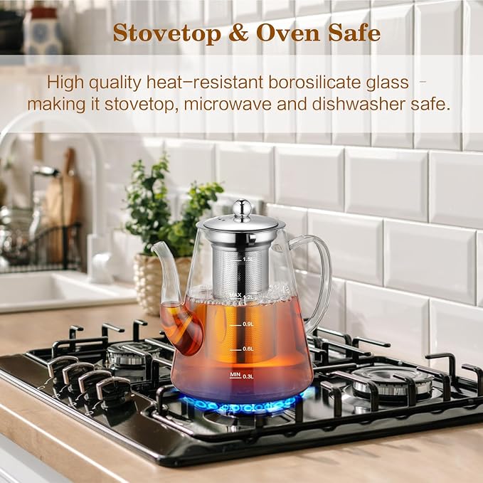 1500ml Glass Teapot, Large Tea Pot with Infuser for Loose Tea and Blooming Tea, Stovetop Safe Tea Kettle, Hand Crafted Borosilicate Glass Tea Maker with Scale Line, Tea Gift Set for Tea Lovers