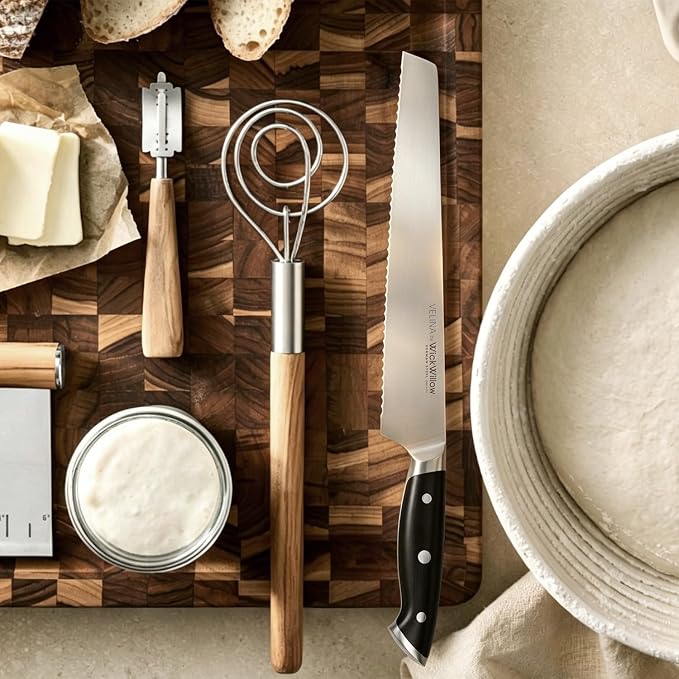 WICKWILLOW 10” Bread Knife – Razor Sharp German High-Carbon Stainless Steel | Cleanly slices homemade bread, sourdough and pastries with long-lasting serrated performance. Gift-Ready.