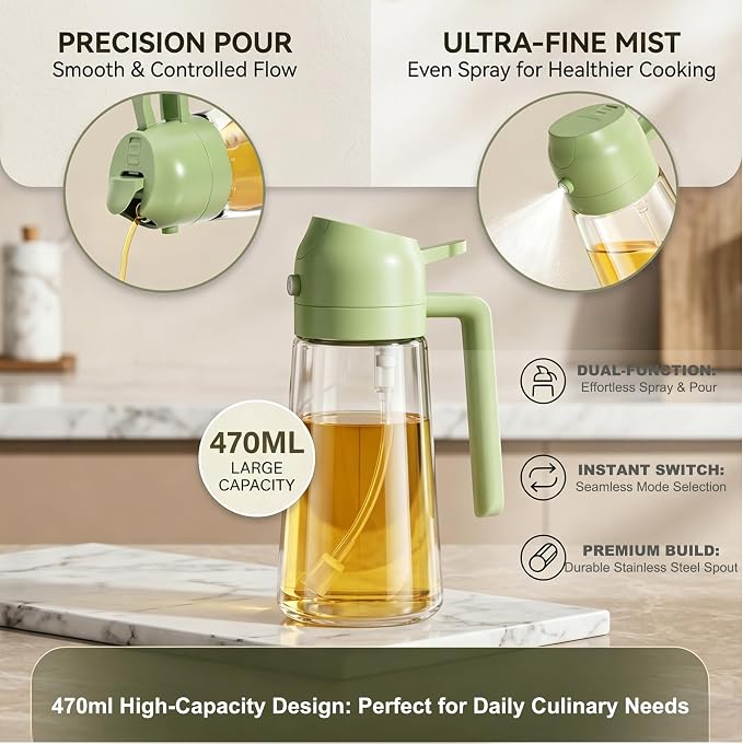 Pure Future 2-in-1 Olive Oil Sprayer for Cooking - 16oz/470ml Glass Oil Dispenser Bottle with Portion Control, Refillable Mister for Air Fryer, BBQ, Salad, Grilling, Food-Grade & BPA-Free (Green)