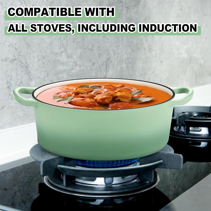 E-far 7QT Oval Dutch Oven Pot with Lid, Green Enameled Cast Iron Dutch Oven | with Dual Handles for Homemade Sourdough Bread Baking Cooking, Nonstick Enamel Coated Cookware, Non-Toxic & Easy Clean