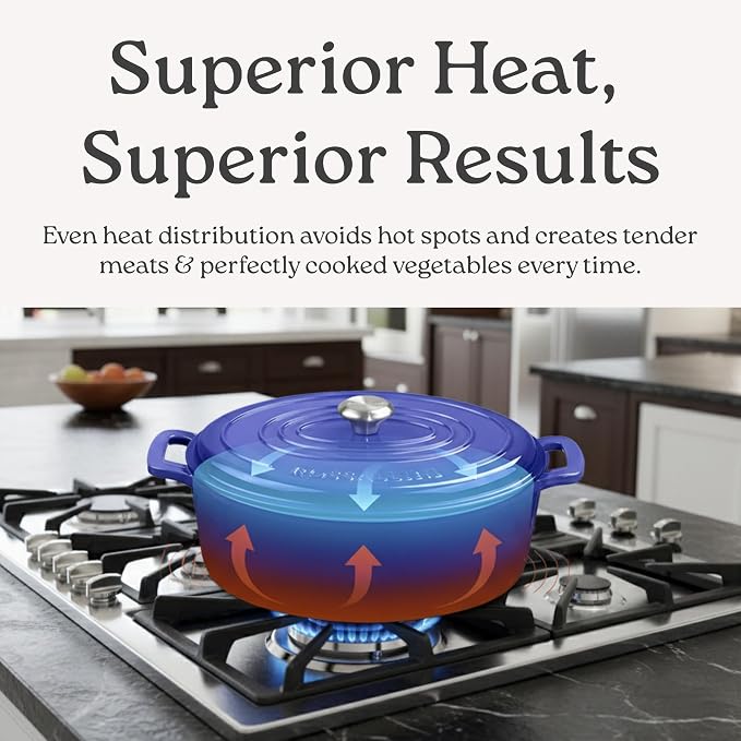 Signature Enameled Cast Iron Oval Dutch Oven | Non-Stick Serving Pot with Tight Fitting Lid for Perfect Roasting, Baking, Sauteing, and Bread Making | 5Q [Indigo Blue]