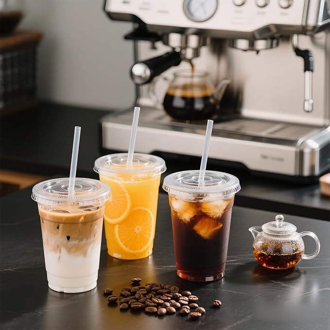 Ginkgo 100 Pack 24oz Clear Plastic Cups with Lids and Straws | Leak-Proof & Sturdy Disposable To Go Iced Coffee Cups for Smoothies, Lemonade
